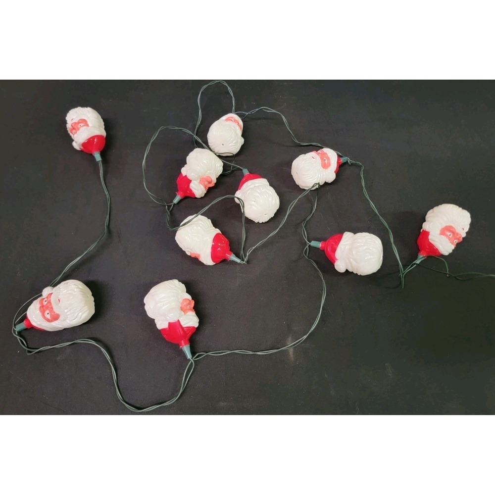 Vintage 10 Santa Head Blow Mold String Lights Christmas Holiday Decor Green Cord
